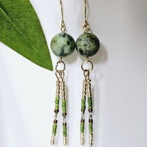2/$27 | Light Green Beaded Indigenous Native Fringe Earrings | Handmade Jewelry